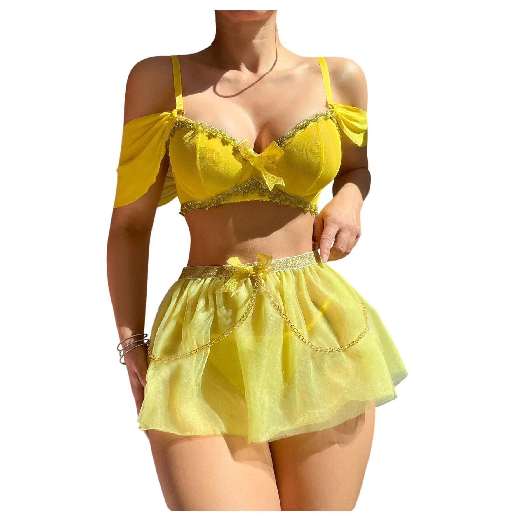 8450 3 Piece Babydoll Lingerie Set Sheer Bra And Panty With Skirt Costume
